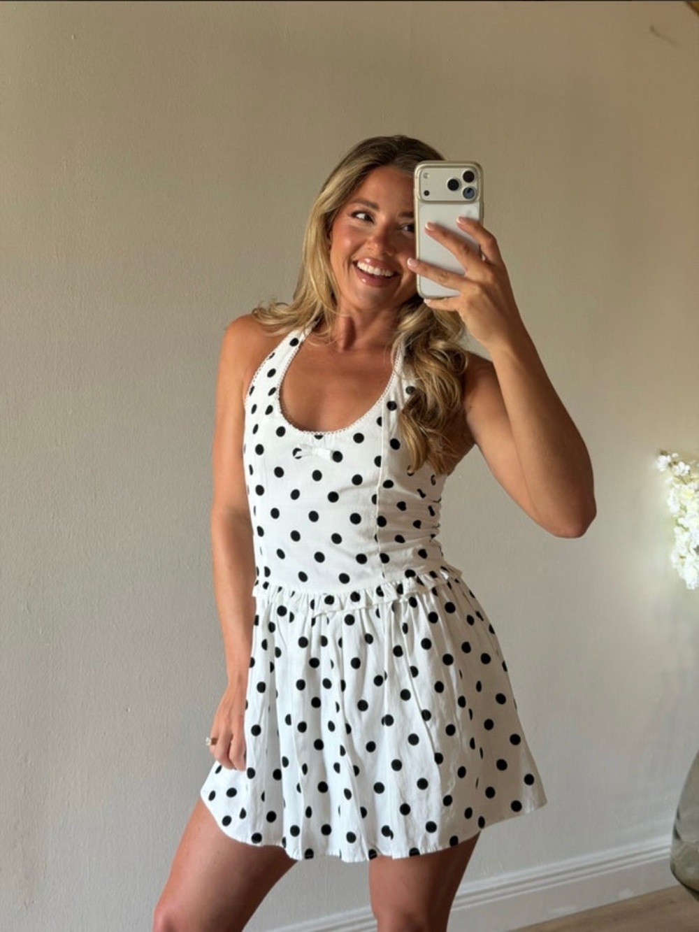 NWT Olivaceous White Dress with Black Polka Dots Size Large